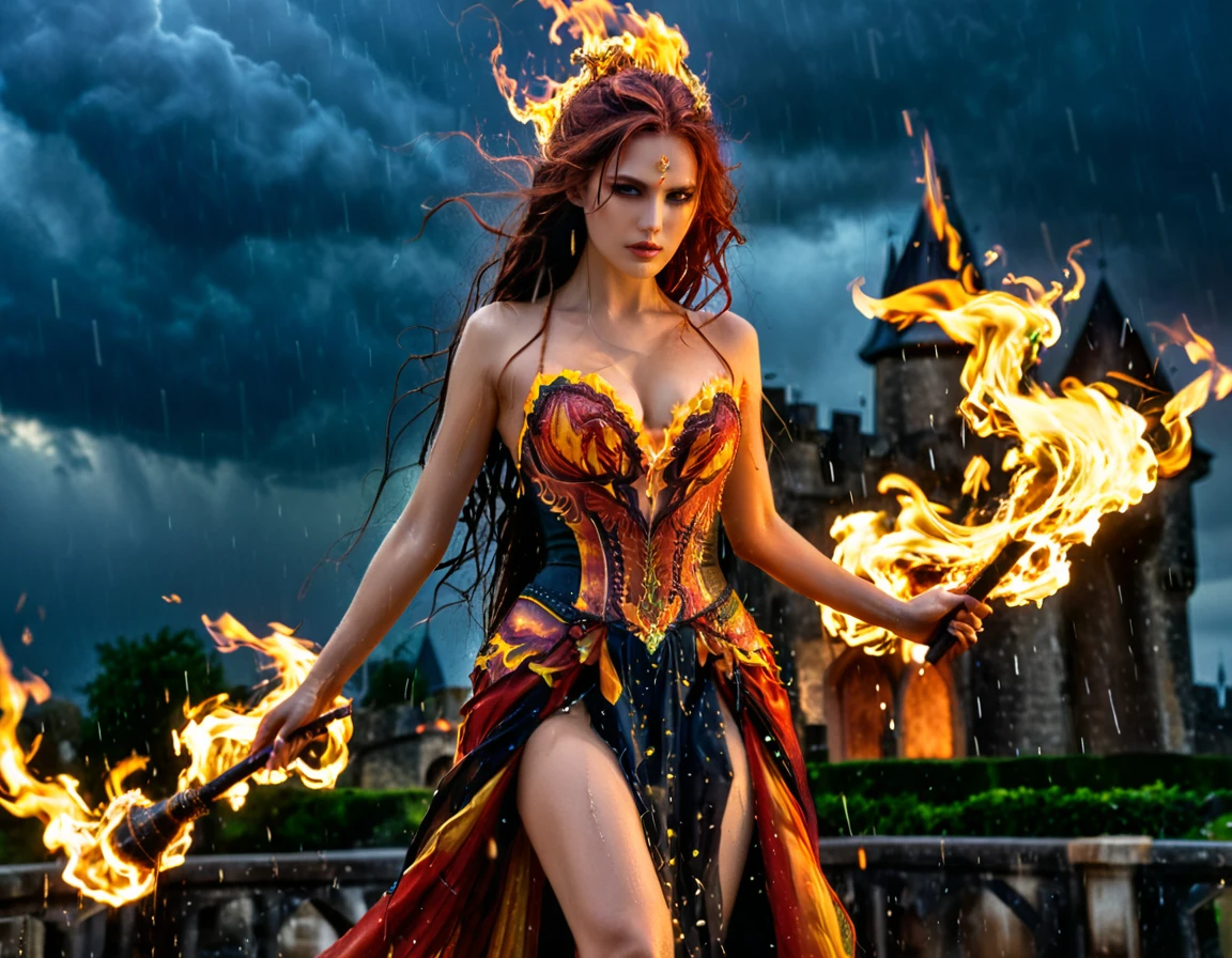 a sorceress of fire making fire dance in a the (storm of rain: 1.3), a most exquisite beautiful sorceress, controlling fire manipulating fire, a woman, dynamic hair color, dynamic hair style, (most beautiful face: 1.3), (ultra detailed face: 1.2), wet hair, wet face, dynamic eyes color, full body shot, wearing dress made of fire, wearing intricate high heels, light make up, dancing in courtyard of a fantasy castle background, ((heavy rain drops: 1.1)), clouds in the sky, (anatomically correct: 1.4), (full body shot: 1.1) , vibrant, Ultra-high resolution, High Contrast, (masterpiece:1.5), highest quality, Best aesthetics), best details, best quality, highres, ultra wide angle, 16k, [ultra detailed], masterpiece, best quality, (extremely detailed),DARK, chumbasket art style