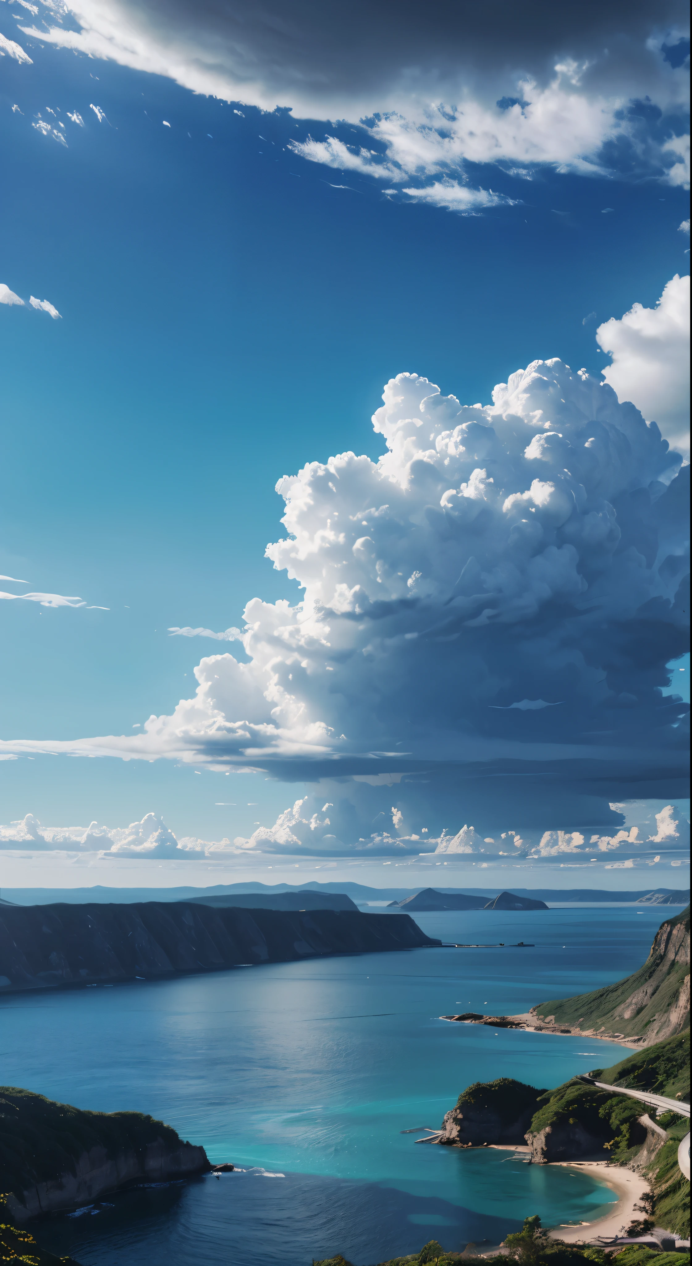(Magical pretty sky blue stream overlay scene)、(zero)、(cloud)、Soft lighting、Clean background、美しいzeroの風景、masterpiece、high quality、Beautiful graphics、High detail、artstation、Sharp Focus、Inspirational 8k wallpapers、Contrast of sea and mountains。Spectacular and mysterious
