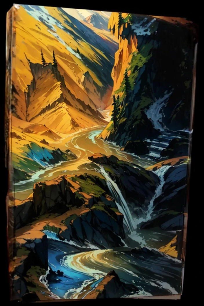 The picture is a martial arts animation style scenery。Earth, mountains and rivers，The river is rushing and bright，terrain changes，The colors are distinct and blended，Clear changes in light and shadow，Silky smooth and delicate watercolor painting