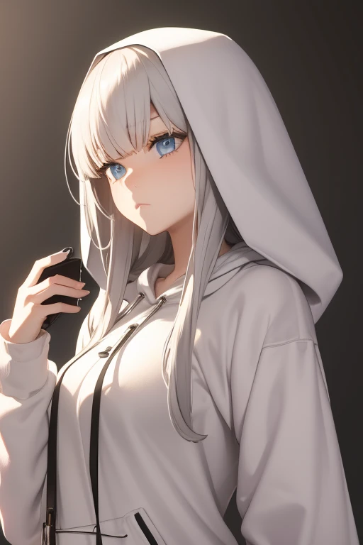 Pretty girl with long silver hair, white hoodie, bangs spread to the side, An irritated expression when showing a cell phone