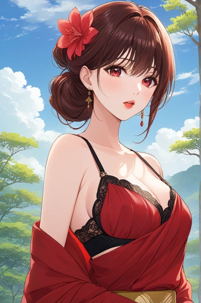 (masterpiece),(best quality:1.0), (ultra highres:1.0), detailed illustration, 8k, anime, 1girl, beautiful girl, in a sari, wearing a red sari, pretty pose, pretty face, detailed face, beautiful eyes, dark red eyes, detailed eyes, red lips, red lipstick, slightly brown hair, wear big black ful size bra, pink flower on ear, highlights in hair, standing, red flowers on a tree in the back, open sky with clouds, detailed, intricate, anime style, highly detailed