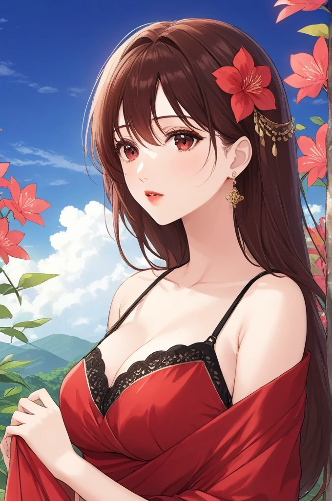 (masterpiece),(best quality:1.0), (ultra highres:1.0), detailed illustration, 8k, anime, 1girl, beautiful girl, in a sari, wearing a red sari, pretty pose, pretty face, detailed face, beautiful eyes, dark red eyes, detailed eyes, red lips, red lipstick, slightly brown hair, wear big black ful size bra, pink flower on ear, highlights in hair, standing, red flowers on a tree in the back, open sky with clouds, detailed, intricate, anime style, highly detailed