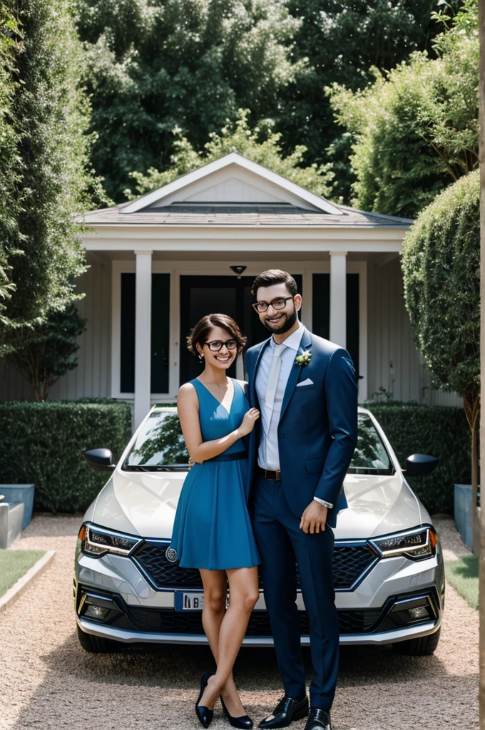 Happy married couple in front of a 2020 model jetta car in a garden with a pool, she has short hair,short tight blue dress color,the one with glasses, black suit and black shoes