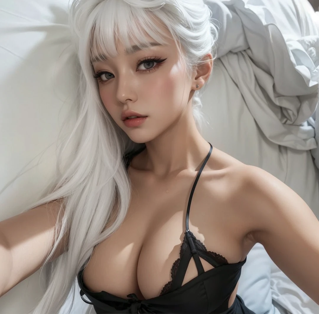  white hair, neckline, wavy hair, big breasts, pale, laying in bed, korean makeup light