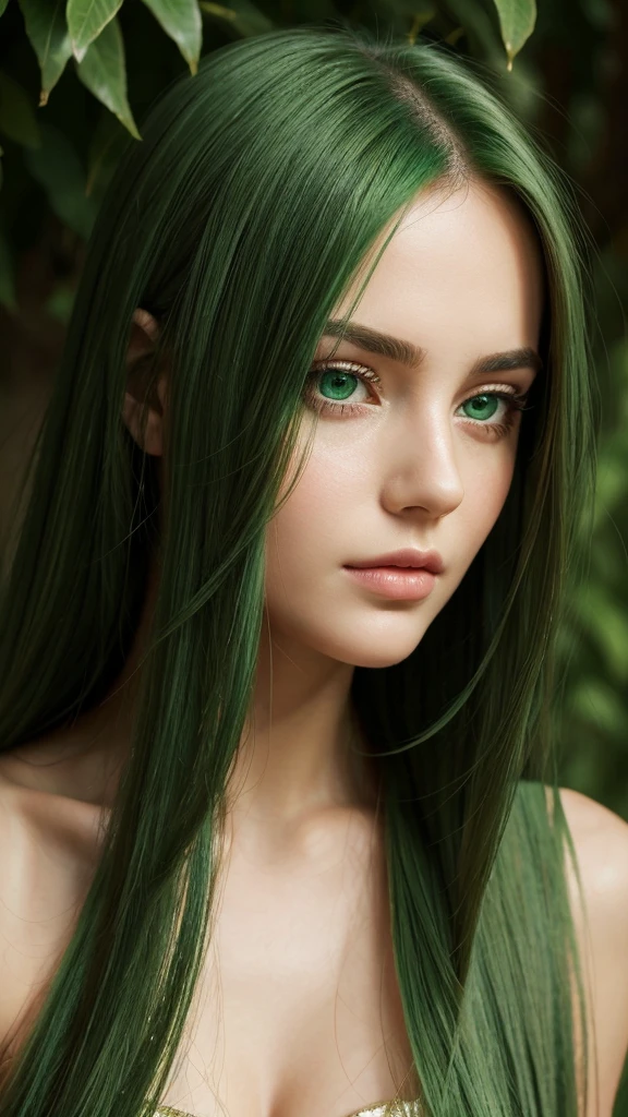 Greek goddess.  face sent feeling.  Europe.  Oval face.  long face.  delicate facial features.  sad eyes.  seductively seductive.  green eyes.  long straight hair.  green hair
