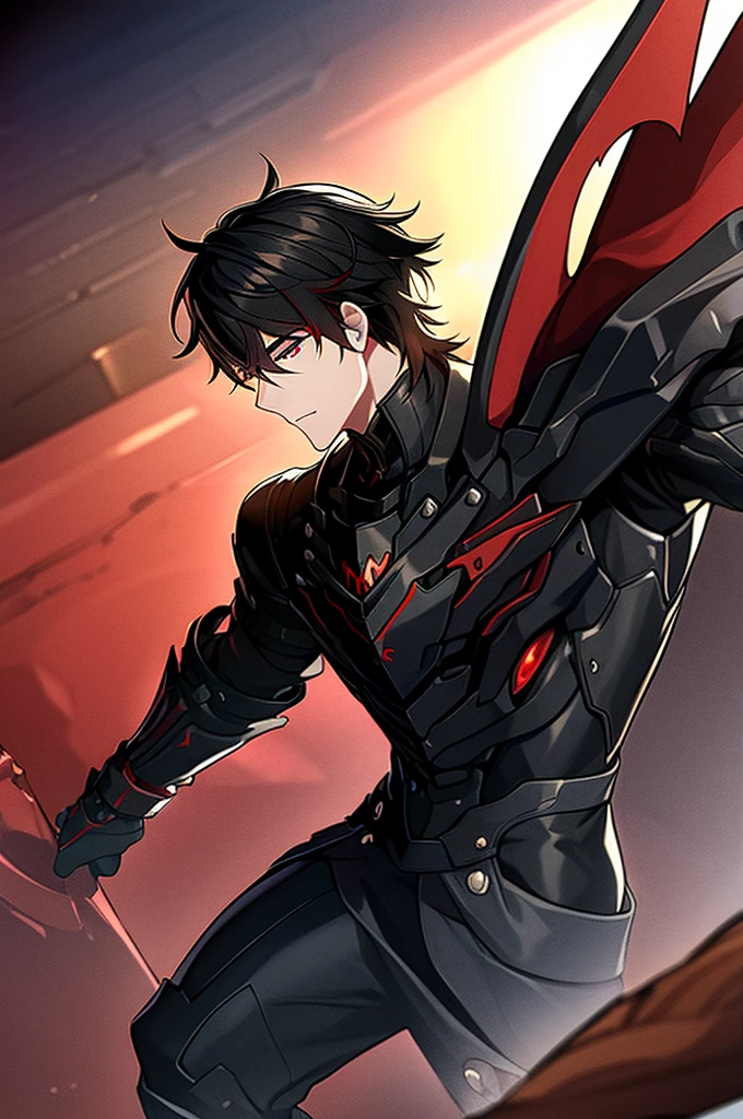 Man with black hair, dark eyes and black armor with red details with a black rose. With the face of a handsome man (detailed in Full HD 4K) 