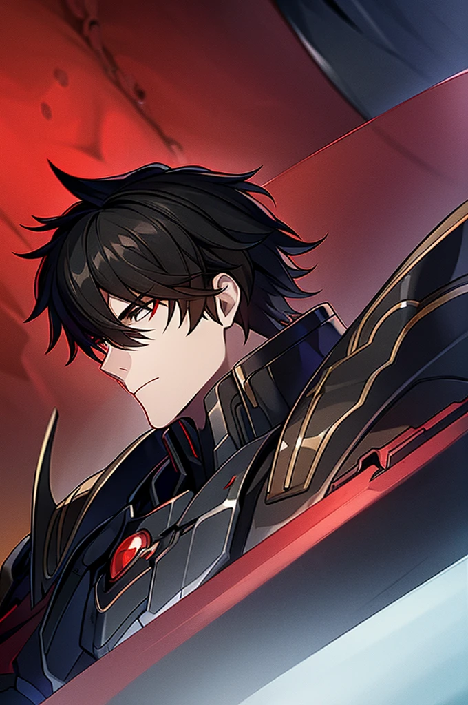 Man with black hair, dark eyes and black armor with red details with a black rose. With the face of a handsome man (detailed in Full HD 4K) 