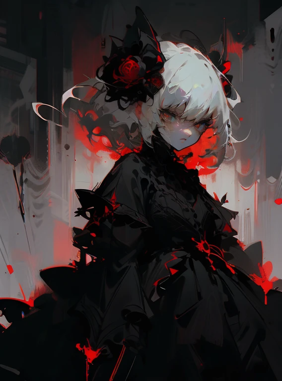 Girl, horror fear, black and white gradient background, red death flowers, red spider lily, black dress, white and gray hair, very very detailed, masterpiece 1.4