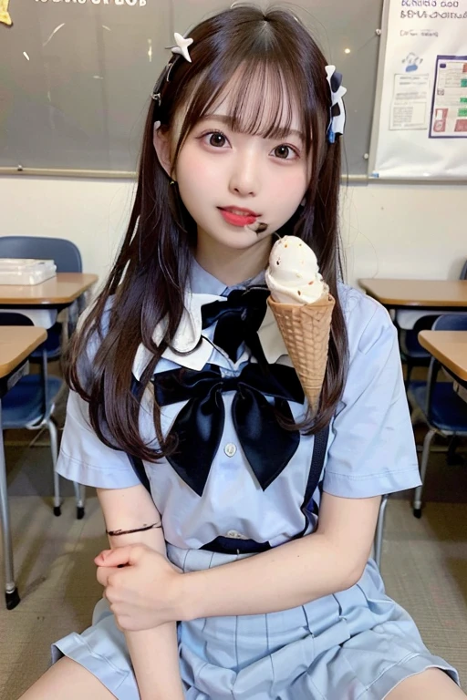 Tabletop, Highest quality, figure, Super detailed, In detail, High resolution, 8k wallpaper, Perfect dynamic composition, 1 beautiful girl, Beautiful attention to detail, (Look at the parfait), Girly blue blouse, short Hair, slender chest, Natural color lip, Random Pause, toothy smile, Open your mouth:1.2, 20-year-old girl, sit, One girl, alone, eat, Holding food, Realistic,(licking ice cream, ice cream cone:1.35)、(Beautiful Japanese Girls:1.3)、(School uniform,bow:1.35)、(Panty shot,cameltoe,droppy big eyes)、(high school),(Dark blue skirt,white mesh panty:1.3)、(sitting with spreading legs in the classroom:1.25)