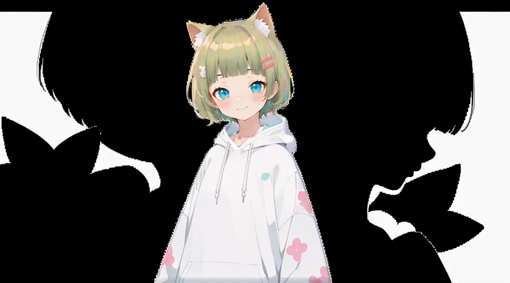 Pink hoodie、An unprecedented number of draws、Flower Hair Ornaments、Floral Hair Accessories、Blonde、Cat ear、Pink hoodie、high quality、Colorful color palette、high resolution、pretty girl、 Pink hoodie、An unprecedented number of draws、Anime Style、Geometric background、Sticker Style、short hair、Blonde、Turquoise Eyes, Messy Hair, Pink hoodie、髪と同じ色のCat ear、front, Hands posing, Until death, Bondage, Baggy clothes