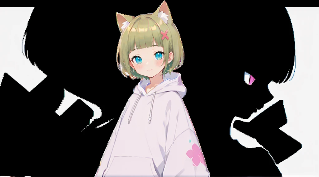 Pink hoodie、An unprecedented number of draws、Flower Hair Ornaments、Floral Hair Accessories、Blonde、Cat ear、Pink hoodie、high quality、Colorful color palette、high resolution、pretty girl、 Pink hoodie、An unprecedented number of draws、Anime Style、Geometric background、Sticker Style、short hair、Blonde、Turquoise Eyes, Messy Hair, Pink hoodie、髪と同じ色のCat ear、front, Hands posing, Until death, Bondage, Baggy clothes