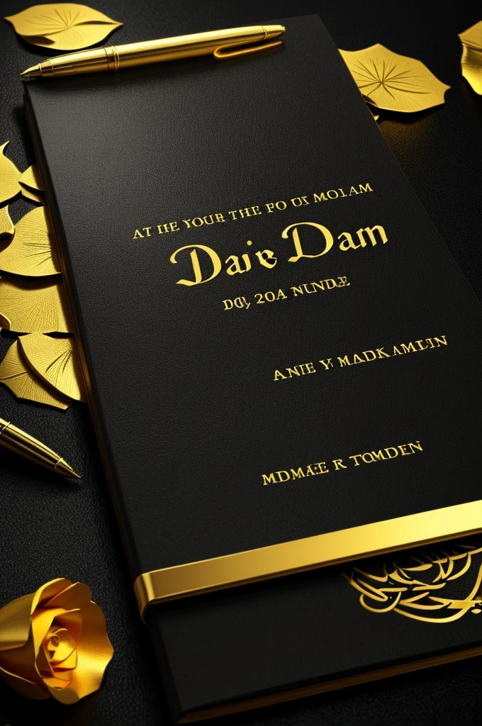 3d On top of a black diary Md Islam uddin name is written in golden color bold letters,there is a red rose on the pass and some sign pens around it,black background,realistic