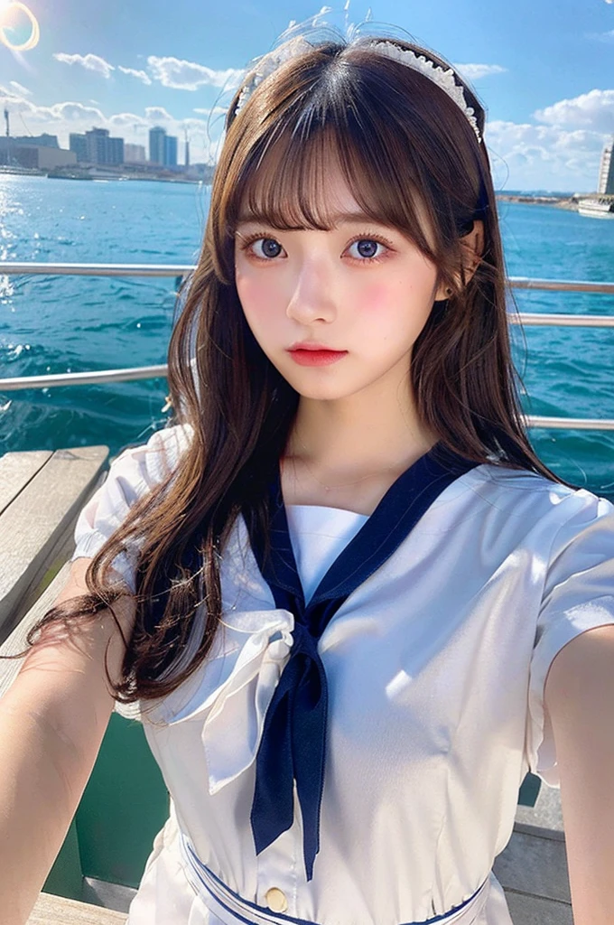masterpiece、Flat Color、Depth of written boundary、Lens Flare 1 Girl、Brown Hair、Staring at the audience、bulging big breasts、Small face、bangs over eyeouse-colored eyes、Sailor suit、the way