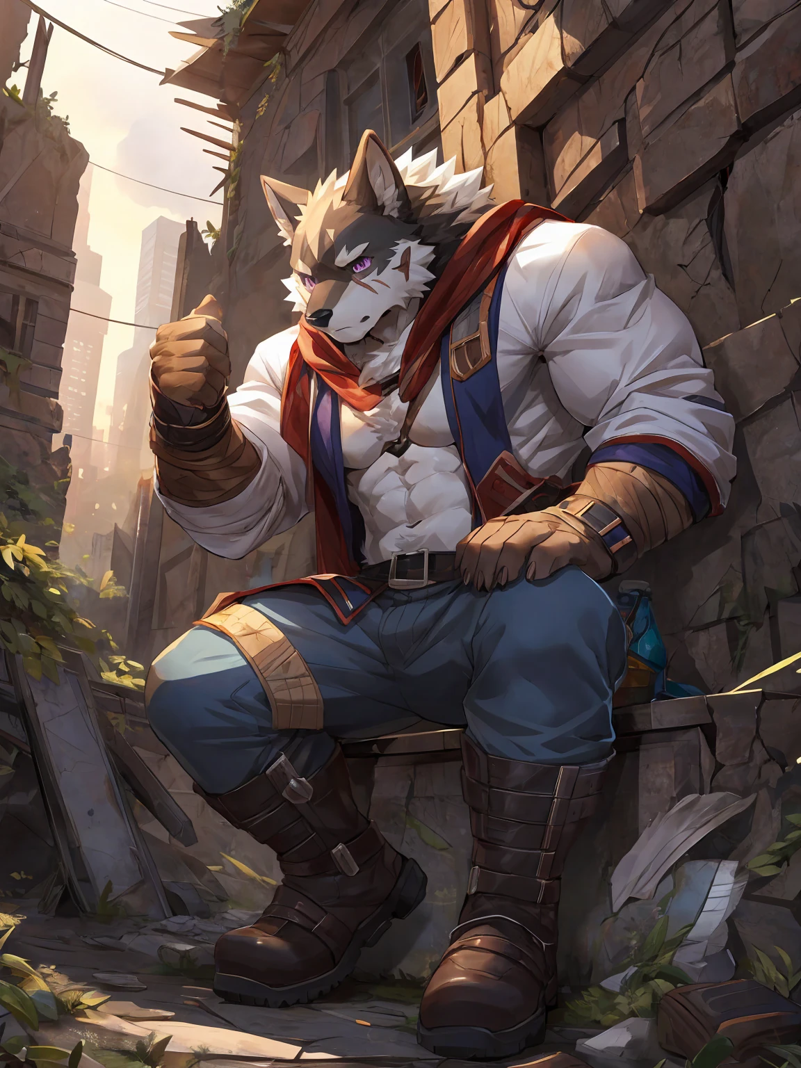 embedding:black wolf, male,purple eyes,Scar on the face, scar on the body,Single person,The end of the world,sit in the ruins,His leg was bandaged,A shabby uniform,Modern cities,A heavy expression,Serious expression, a little sad.Fleshy thighs,Thigh straps,With an iron bar in his hand,The highest quality of scene detail,adult,Tall and powerful,muscle,Best quality hands, best quality eye,detailed fur,Delicate eyes.Extreme picture quality,by sollyz,by zixiong,by milkytiger1145
