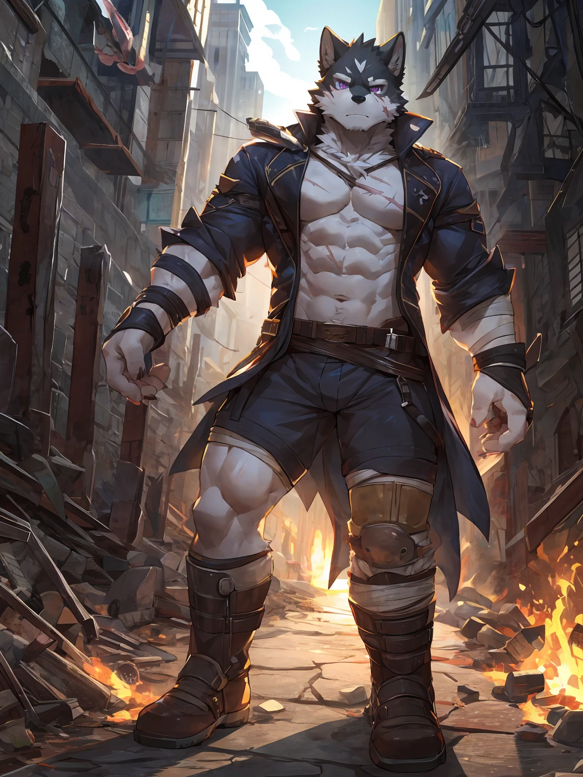 embedding:black wolf, male,purple eyes,Scar on the face, scar on the body,Single person,The end of the world,sit in the ruins,His leg was bandaged,A shabby uniform,Modern cities,A heavy expression,Serious expression, a little sad.Fleshy thighs,Thigh straps,With an iron bar in his hand,The highest quality of scene detail,adult,Tall and powerful,muscle,Best quality hands, best quality eye,detailed fur,Delicate eyes.Extreme picture quality,by sollyz,by zixiong,by milkytiger1145