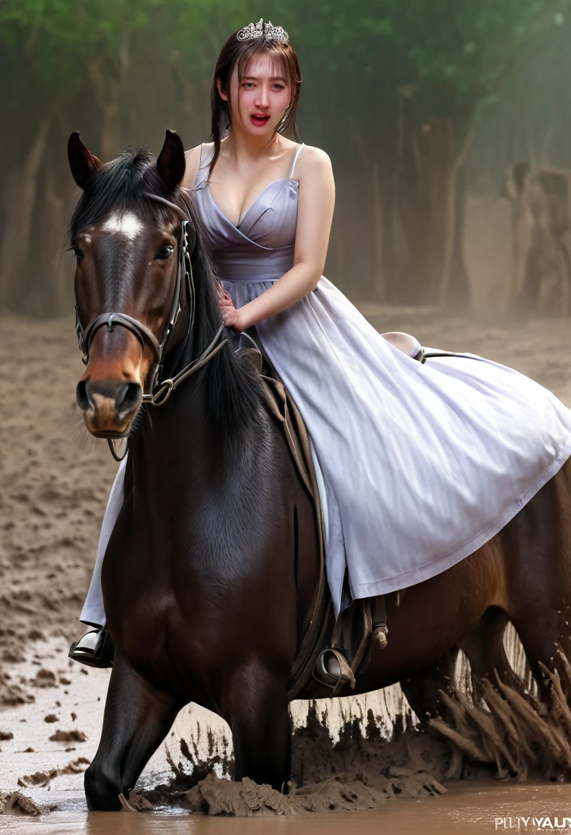 under the muddy pitfall,neighing horse,(((masterpiece))),(((Highest quality))),((Tabletop:1.4, Highest quality)), (Realな写真:1.4), red coat,get caught in a net,grotesque,sad,serious,wearing manteau,
((1 muddy girl knight)),rodeo,Desperate,Don't make eye contact,round face,Surprised face,panish,tragedy,Red Cape,
(超High resolution:1.2), wonderful, Very detailed CG Unity 8k wallpaper, Very detailed, High resolution,draft horse ridden by japanese cute girl is in heart,tight,muddy place,Beauty,The horse neighs,鎧を着たtragedyの女騎士,Sink,In the mud,Plump,
Cold Light, Beautiful detailed girl, Droopy eyes,Very detailedな目と顔, Beautiful and exquisite nose, Beautiful and exquisite, prancing draft horse ridden by a girl can't move because horse and girl soak in the sticky muddy deep pitfall:10.0 , horse falls down ,looks pained ,Surprised face:2.0,Real,Anatomically correct