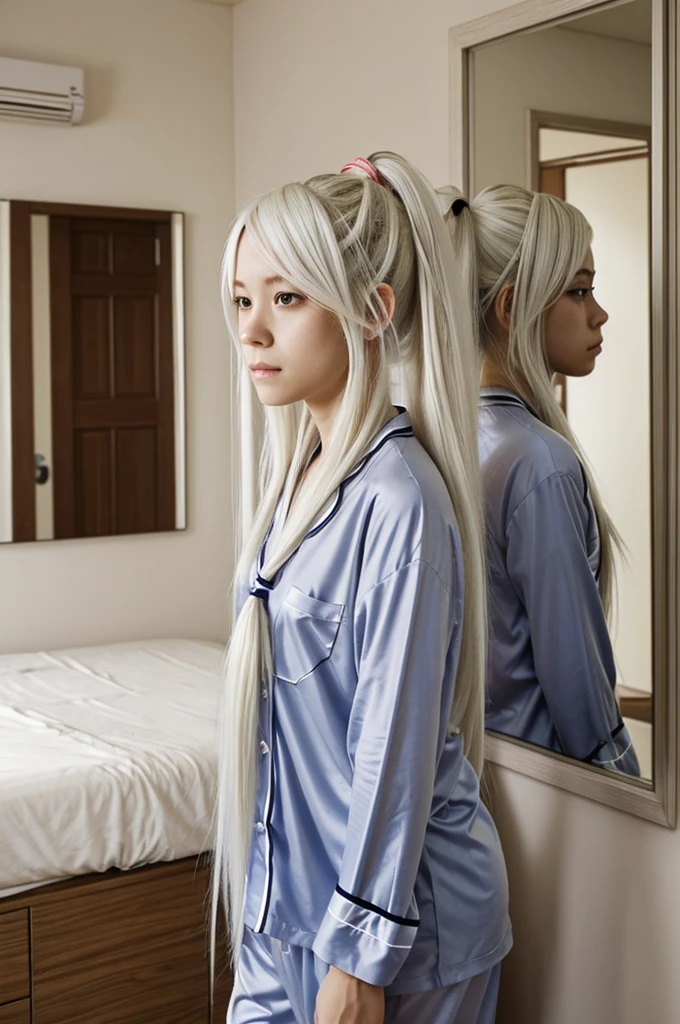 capture of Boku No chess Academy.
Girl with long white hair tied up and half messy looking in the mirror with a tired expression , he is wearing pajamas.