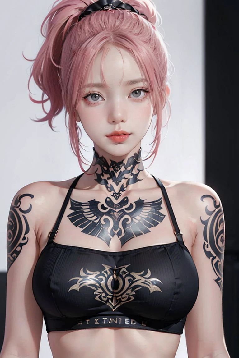 Pink Hair, Perfect Style, Beautiful Face, Highly detailed face and skin texture, (Maximum resolution: 1.2), 1 female, alone, Hip Up, jewelry, (((She has many tattoos all over her body)), Streetwear, I'Exercising at the gym, Pink Hair, Shorts, Sports boots, (((Tight waist))), ((Big Breasts)),NSFW