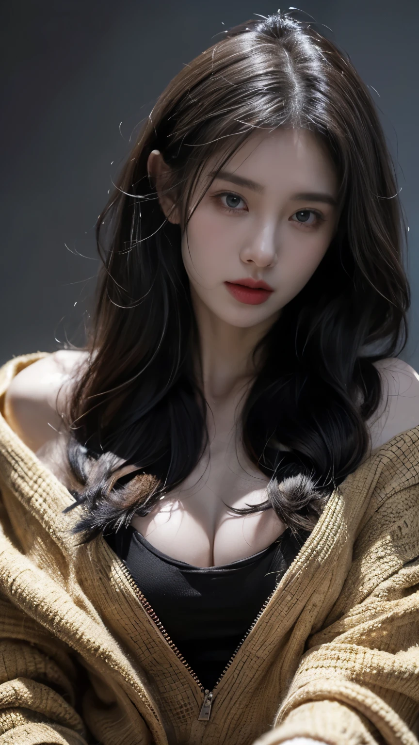 Realistic, Extreme close up, Create a 21yo girl, a mysterious character with heterochromatic eyes—one yellow and one blue, cleavage. She has medium-length black hair and a bandage wrapped around their lower face. They wear a dark, high-collared outfit with a detailed, gold emblem on the collar. A large, pale snake is coiled around her shoulders, its head resting near the character's face, with piercing eyes and a visible forked tongue.
