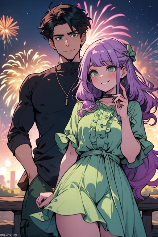 One man. One woman. Perfect face. Perfect hands. A light purple haired woman with green eyes with an hourglass figure and long hair in a frilly summer dress is watching fireworks with a black haired man with green eyes in a rolled up shirt and cargo pants with big smiles in the park at night
