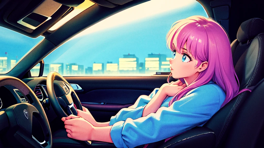 Create an image from the angle inside a car, showing a woman with a thoughtful expression on her face as she gazes out of the side window at the cityscape. The city outside should be visible, illuminated by streetlights and neon signs. Use soft, pastel colors and subtle gradients to capture a dreamy, reflective atmosphere. Ensure the interior of the car feels cozy and comfortable, adding to the overall serene vibe.窓の外を見ている。