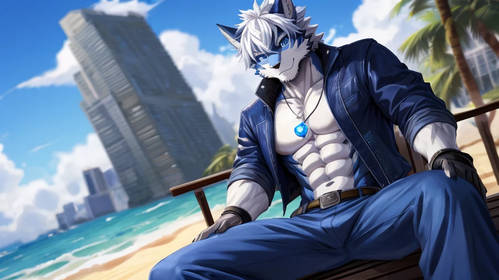bynamic angle,depth of field, motion blur, absurdres,looking at viewer, (best quality), (masterpiece), (ultra detailed),(detailed eyes),sharp focus,manga,anthro male dark Blue Dragon,(muscular),Huge body chest , own pet kitty ,sky blue eyes,handsome jacket blue gray pants star pendant necklace sitting on the balcony beach white hairstyle