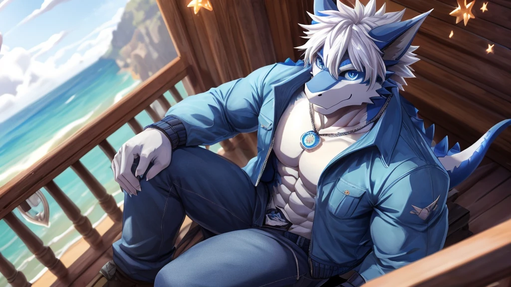 bynamic angle,depth of field, motion blur, absurdres,looking at viewer, (best quality), (masterpiece), (ultra detailed),(detailed eyes),sharp focus,manga,anthro male dark Blue Dragon,(muscular),Huge body chest , own pet kitty ,sky blue eyes,handsome jacket blue gray pants star pendant necklace sitting on the balcony beach white hairstyle