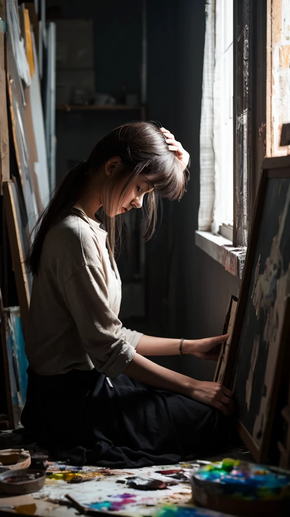In the dark atelier、Woman struggling with her head。She has an anxious look on her face.、Sitting in front of a canvas。There are unfinished projects and scattered paints around.、It reflects her struggles and anguish.。