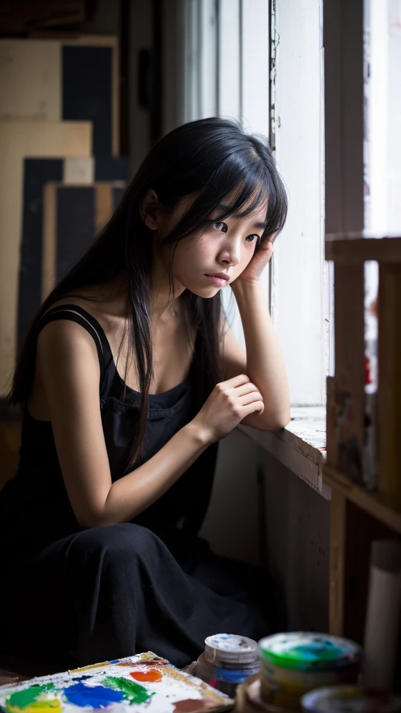 In the dark atelier、Woman struggling with her head。She has an anxious look on her face.、Sitting in front of a canvas。There are unfinished projects and scattered paints around.、It reflects her struggles and anguish.。
