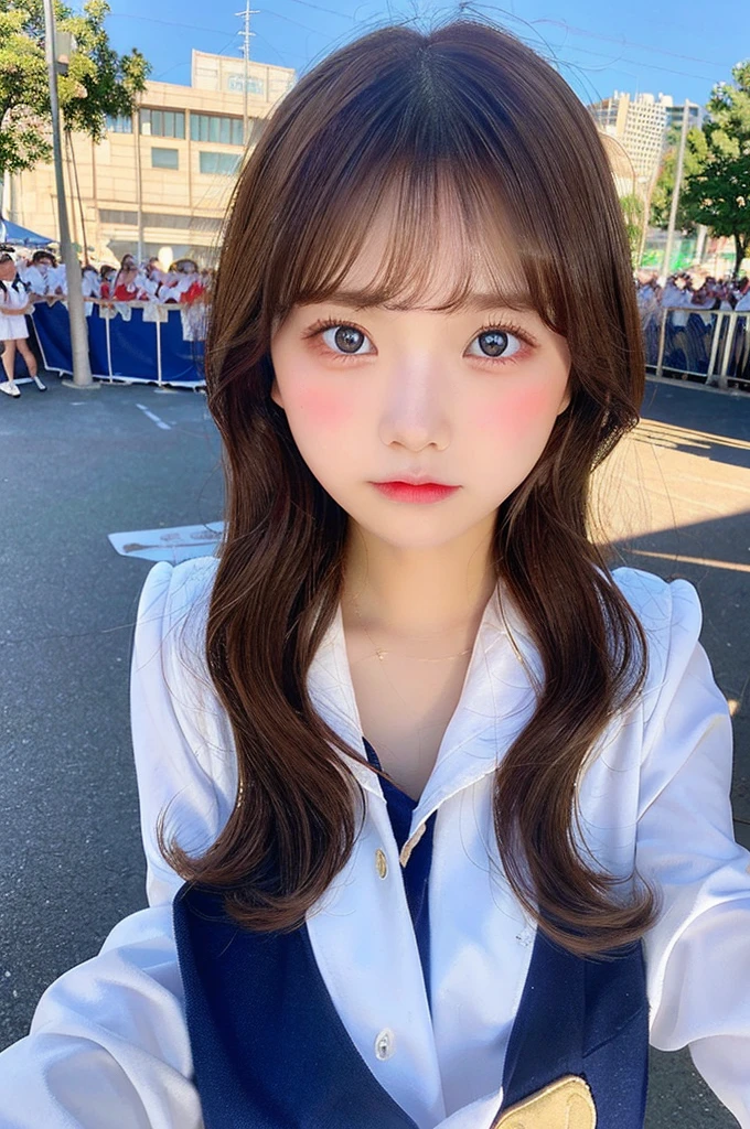 masterpiece、Flat Color、Depth of written boundary、Lens Flare 1 Girl、Brown Hair、Staring at the audience、bulging big breasts、Small face、bangs over eyeouse-colored eyes、Sailor suit、parking