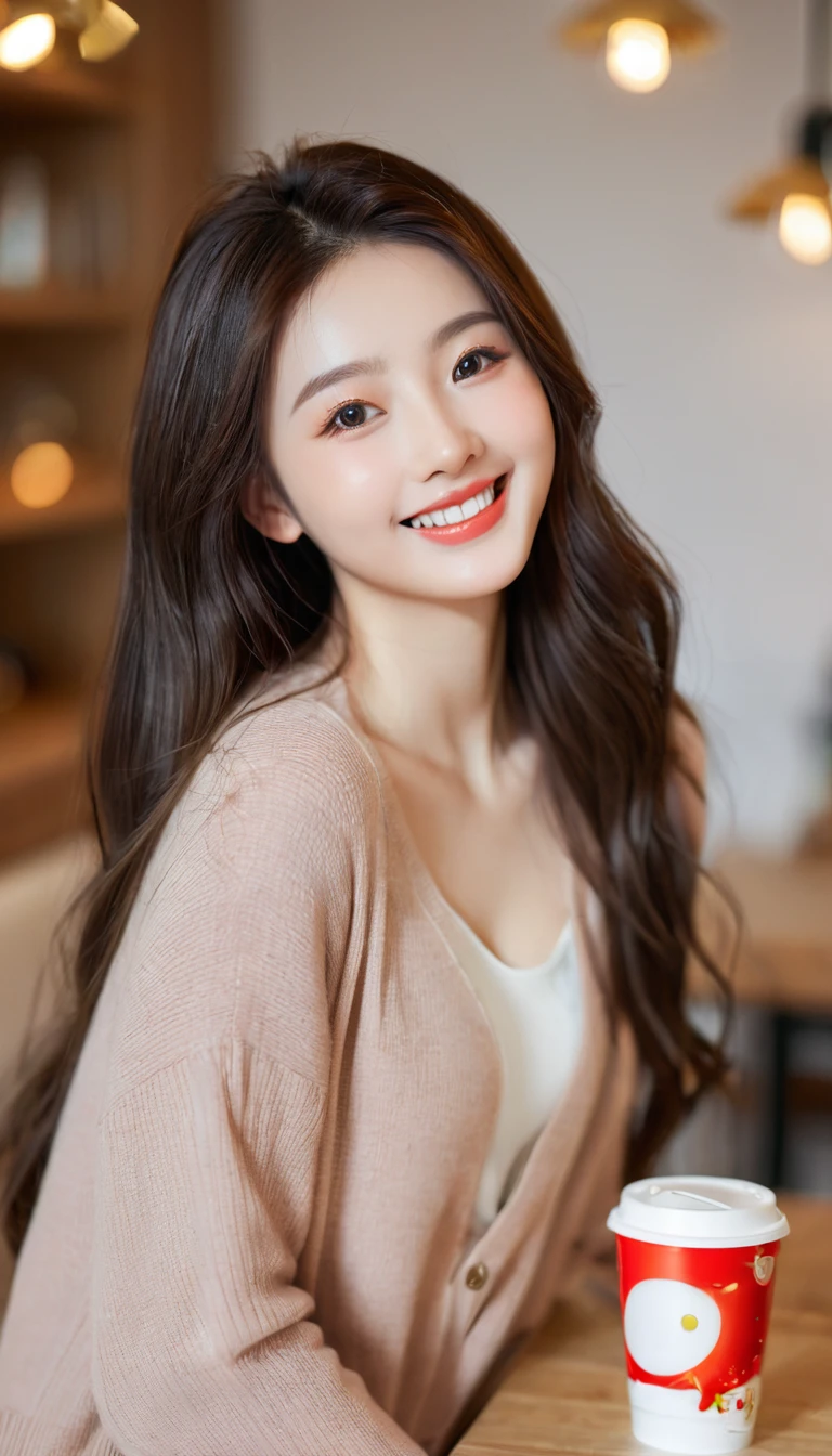 superb, amazing, Ultra-high image quality, Practical, girl, (Beautiful Face 1.4), (Large target, Tightening waist), Long hair, indoors, Bokeh, Beautiful light, Glowing skin, Small head, Smile, Dinner , Holding a cup