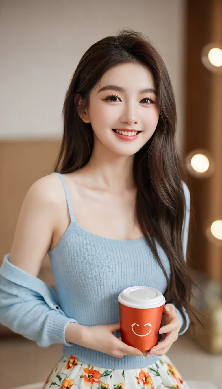superb, amazing, Ultra-high image quality, Practical, girl, (Beautiful Face 1.4), (Large target, Tightening waist), Long hair, indoors, Bokeh, Beautiful light, Glowing skin, Small head, Smile, Dinner , Holding a cup