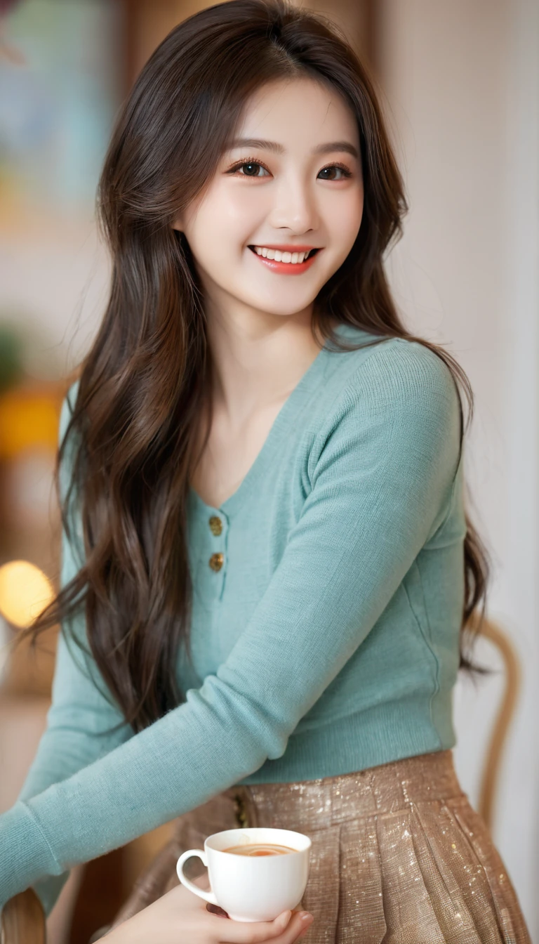 superb, amazing, Ultra-high image quality, Practical, girl, (Beautiful Face 1.4), (Large target, Tightening waist), Long hair, indoors, Bokeh, Beautiful light, Glowing skin, Small head, Smile, Dinner , Holding a cup