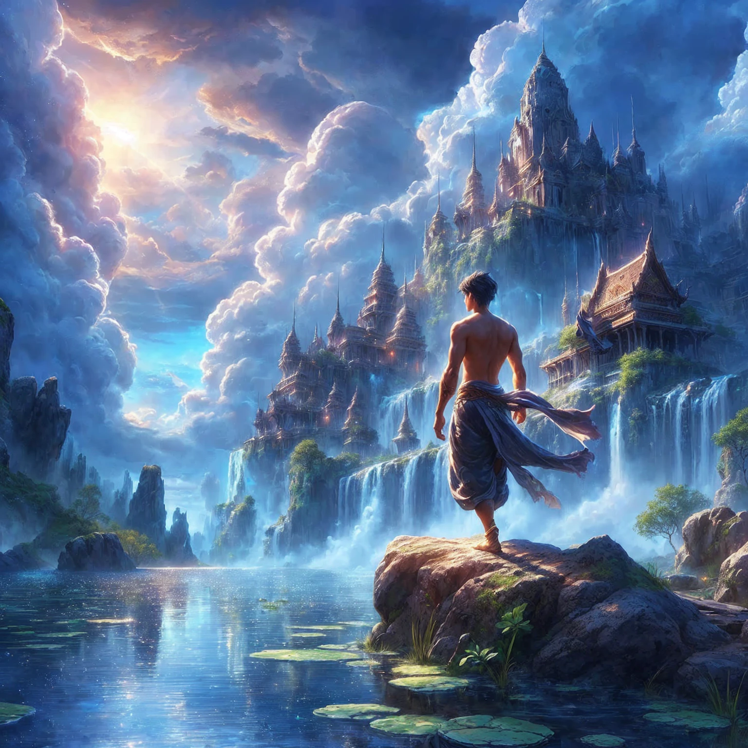A painting of a man standing on a rock in front of a waterfall., Amazing fantasy art, Grand fantasy digital art style, epic Fantasy art style hd, 4k fantasy art, Fantasy art style, Detailed fantasy digital art, epic Fantasy art style, wide angle fantasy art, Beautiful digital artwork, Digital 2D Fantasy Art, Andrea Rocha style, beautiful fantasy art