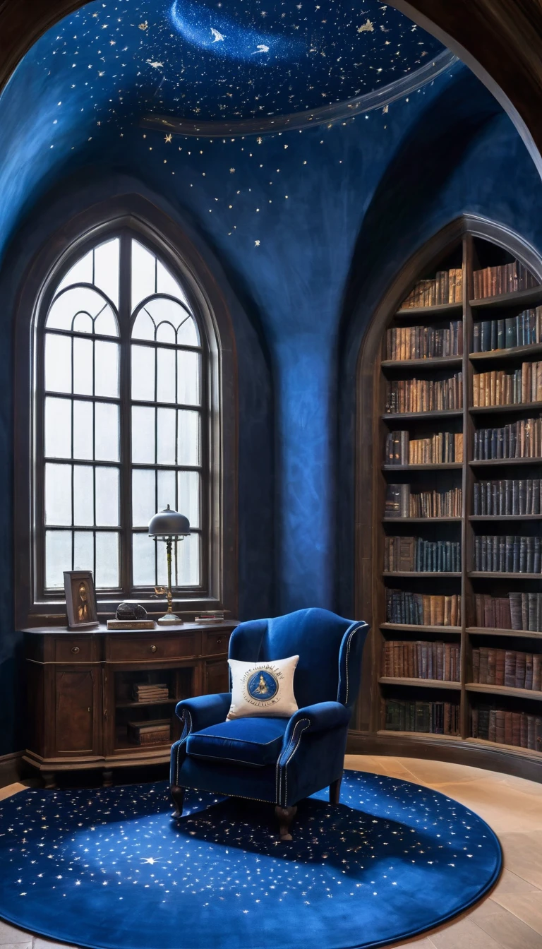 Castle Tower, Harry Potter, Ravenclaw, lounge, Arched Window, Blue silk hanging on the wall, Domed ceiling painted with stars, Dark blue carpet with stars, surface, Chair, Bookshelf on the floor