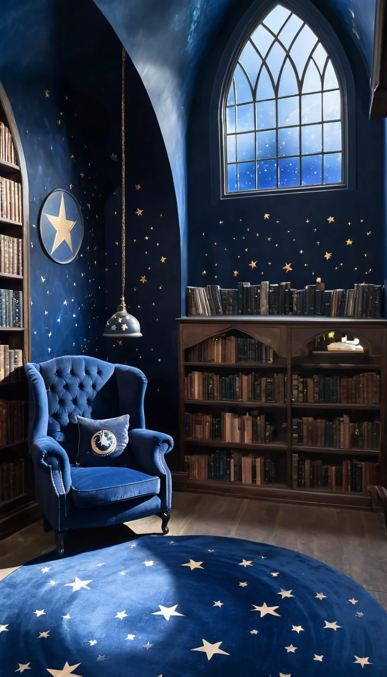 Castle Tower, Harry Potter, Ravenclaw, lounge, Arched Window, Blue silk hanging on the wall, Domed ceiling painted with stars, Dark blue carpet with stars, surface, Chair, Bookshelf on the floor