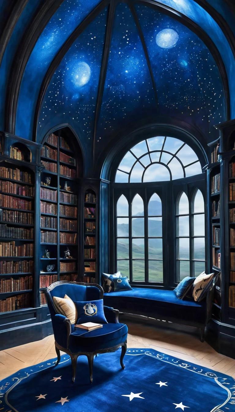 Castle Tower, Harry Potter, Ravenclaw, lounge, Arched Window, Blue silk hanging on the wall, Domed ceiling painted with stars, Dark blue carpet with stars, surface, Chair, Bookshelf on the floor  