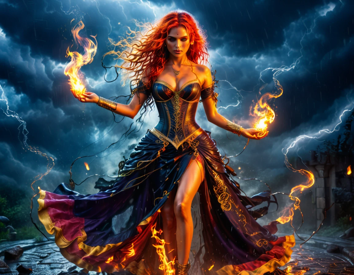 a sorceress of fire making fire dance in a the (storm of rain: 1.3), a most exquisite beautiful sorceress, controlling fire manipulating fire, a woman, dynamic hair color, dynamic hair style, (most beautiful face: 1.3), (ultra detailed face: 1.2), wet hair, wet face, dynamic eyes color, full body shot, wearing dress made of fire, wearing intricate high heels, light make up, dancing in courtyard of a fantasy castle background, ((heavy rain drops: 1.1)), clouds in the sky, (anatomically correct: 1.4), (full body shot: 1.1) , vibrant, Ultra-high resolution, High Contrast, (masterpiece:1.5), highest quality, Best aesthetics), best details, best quality, highres, ultra wide angle, 16k, [ultra detailed], masterpiece, best quality, (extremely detailed),DARK, chumbasket art style