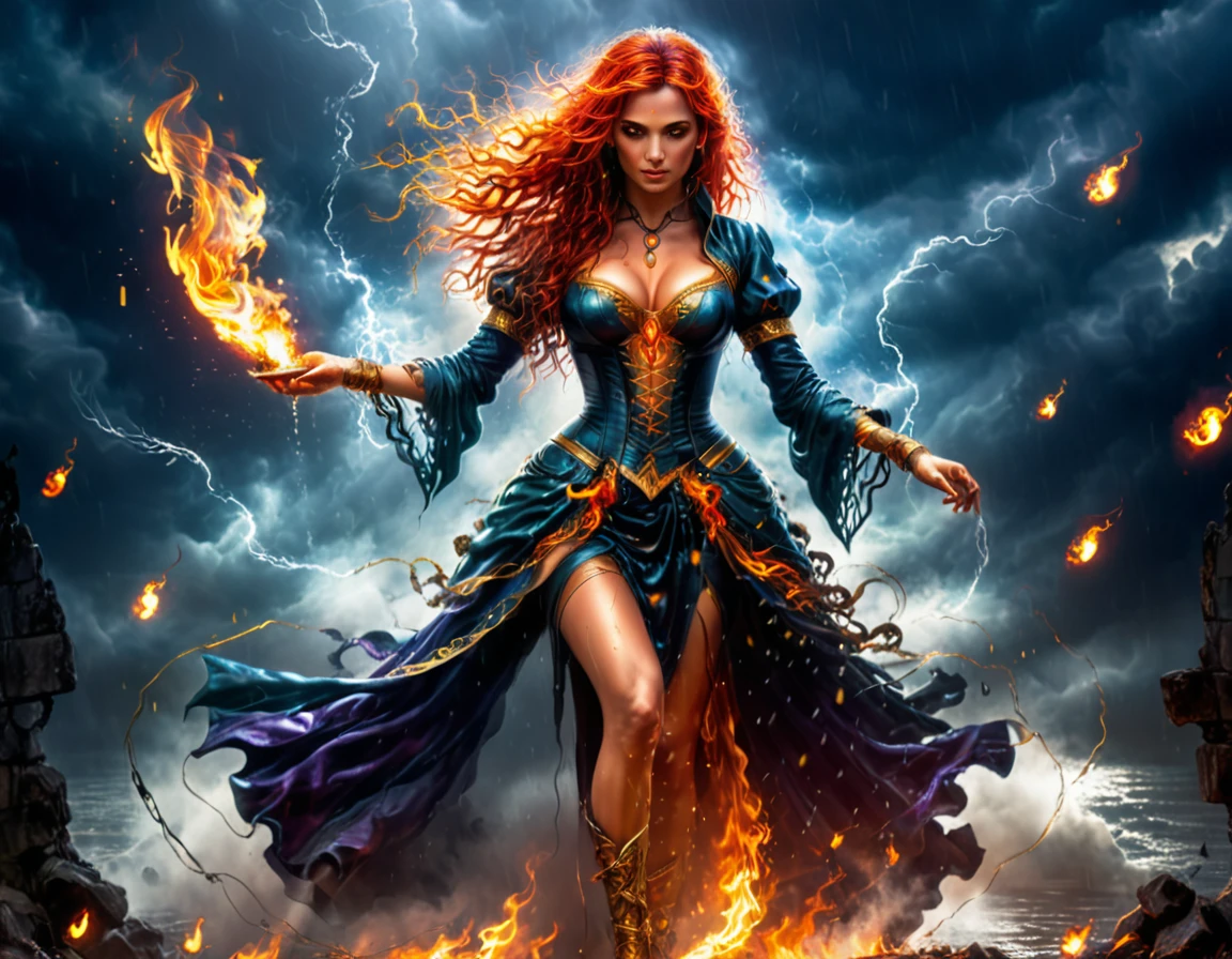 a sorceress of fire making fire dance in a the (storm of rain: 1.3), a most exquisite beautiful sorceress, controlling fire manipulating fire, a woman, dynamic hair color, dynamic hair style, (most beautiful face: 1.3), (ultra detailed face: 1.2), wet hair, wet face, dynamic eyes color, full body shot, wearing dress made of fire, wearing intricate high heels, light make up, dancing in courtyard of a fantasy castle background, ((heavy rain drops: 1.1)), clouds in the sky, (anatomically correct: 1.4), (full body shot: 1.1) , vibrant, Ultra-high resolution, High Contrast, (masterpiece:1.5), highest quality, Best aesthetics), best details, best quality, highres, ultra wide angle, 16k, [ultra detailed], masterpiece, best quality, (extremely detailed),DARK, chumbasket art style