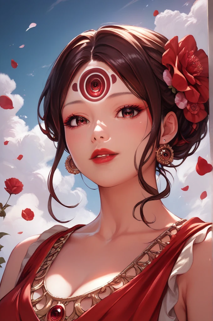 (masterpiece),(best quality:1.0), (ultra highres:1.0), detailed illustration, 8k, anime, 1girl, beautiful girl, in a sari, wearing a red sari, pretty pose, pretty face, detailed face, beautiful eyes, dark red eyes, detailed eyes, red lips, red lipstick, slightly brown hair, wear big black ful size bra, pink flower on ear, highlights in hair, standing, red flowers on a tree in the back, open sky with clouds, detailed, intricate, anime style, highly detailed