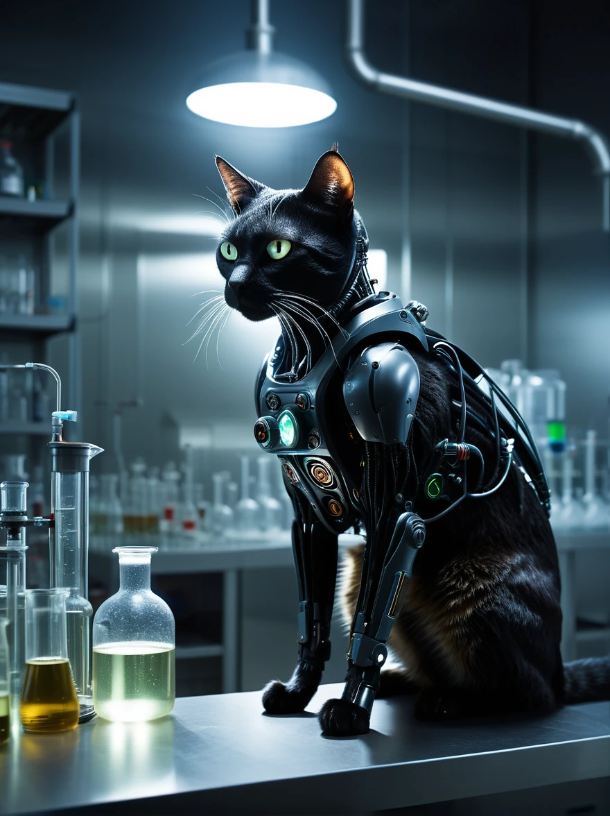 best quality, masterpiece,
Cyberpunk, sci-fi, dark-fantasy, portrait photo of a cat cyborg robot in a chemical laboratory, volumetric lighting, highly detailed,
professional photo, high contrast exposure, soft bokeh, high key light, hard shadow, soft bokeh, simple background,