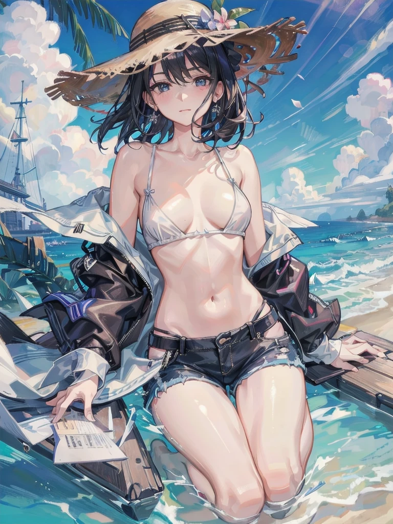 absurdres, RAW photo, extremely delicate and beautiful, masterpiece, Best Quality, ultra high resolution, 32k, hyperrealistic, ultra-detailed, perfect figure, in her 20s, very small head, very small face, delicate facial features, tearful mole, earring, very huge breasts, bare legs, full body shot, medium hair, black hair, colored inner hair, casual, blouse, white shirt, buttoned shirt, bare shoulders, collarbone, midriff, navel, shorts, straw hat,