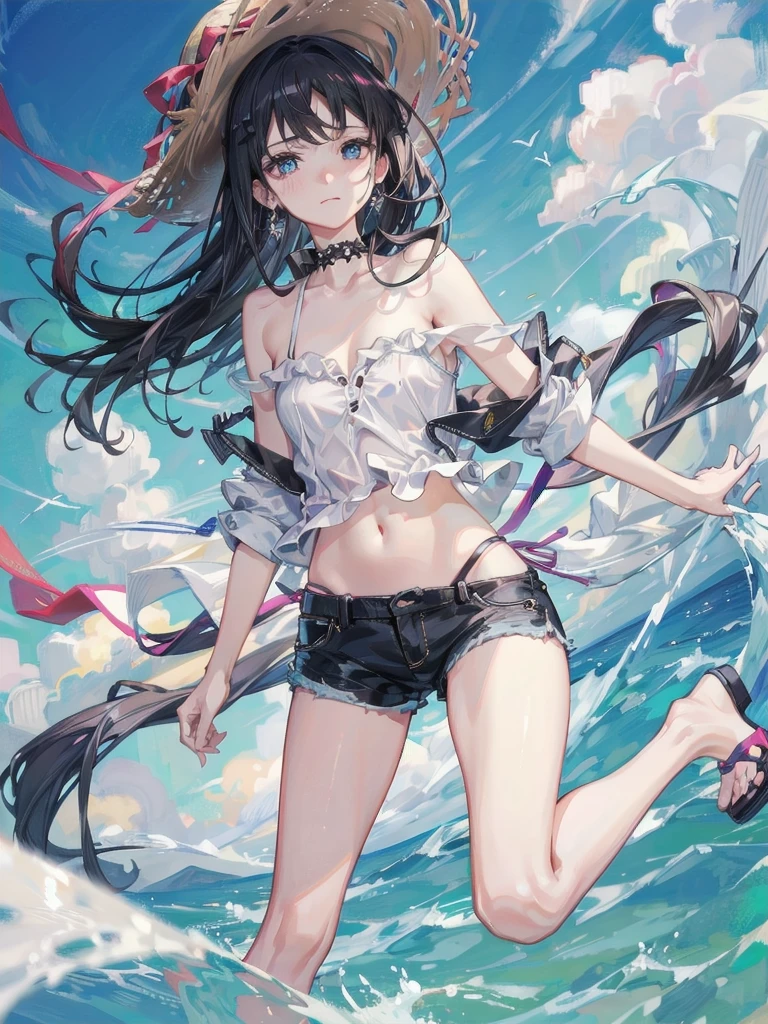 absurdres, RAW photo, extremely delicate and beautiful, masterpiece, Best Quality, ultra high resolution, 32k, hyperrealistic, ultra-detailed, perfect figure, in her 20s, very small head, very small face, delicate facial features, tearful mole, earring, very huge breasts, bare legs, full body shot, medium hair, black hair, colored inner hair, casual, blouse, white shirt, buttoned shirt, bare shoulders, collarbone, midriff, navel, shorts, straw hat,