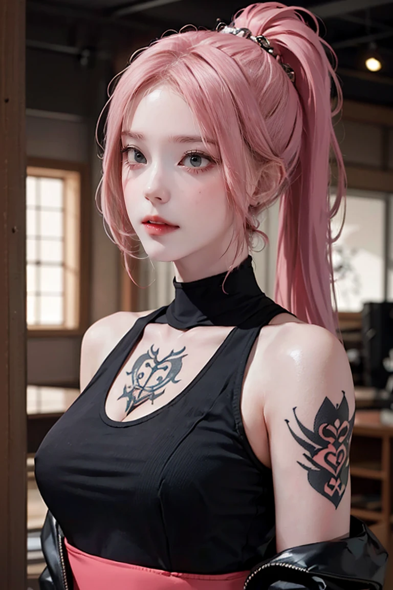 Pink Hair, Perfect Style, Beautiful Face, Highly detailed face and skin texture, (Maximum resolution: 1.2), 1 female, alone, Hip Up, jewelry, (((She has many tattoos all over her body)), Streetwear, I&#39;Exercising at the gym, Pink Hair, Shorts, Sports boots, (((Tight waist))), ((Big Breasts)),NSFW