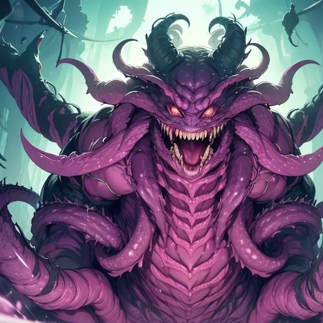(Best high quality image, very detailed image textures and pixels, carefully detailed)
{{(1monster: red monster evil god): (obese eldritch appearance, formless body, multiple mouths full of teeth, multiple muscular tentacles full of multiple fat tendrills with golden claws, multiple mouths with purple tongues with pink tentacles, pink and green tendrills in every side of the body, growling, laughing), (fleshy ethereal nightmarish realm))}}
