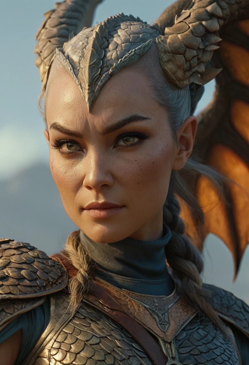 ((full body))Hyperrealistic art female human dragon hybrid, covered in matte scales as skin, extreme close-up, striking reptilian eyes, dragon horns, bald, braided ponytail, exudes confidence and power, sunet, rim lighting, cold colors. style of Don Lawrence, style of (Will Murai:1.2), style of (Greg Rutkowski:0.8), . Extremely high-resolution details, photographic, realism pushed to extreme, fine texture, incredibly lifelike