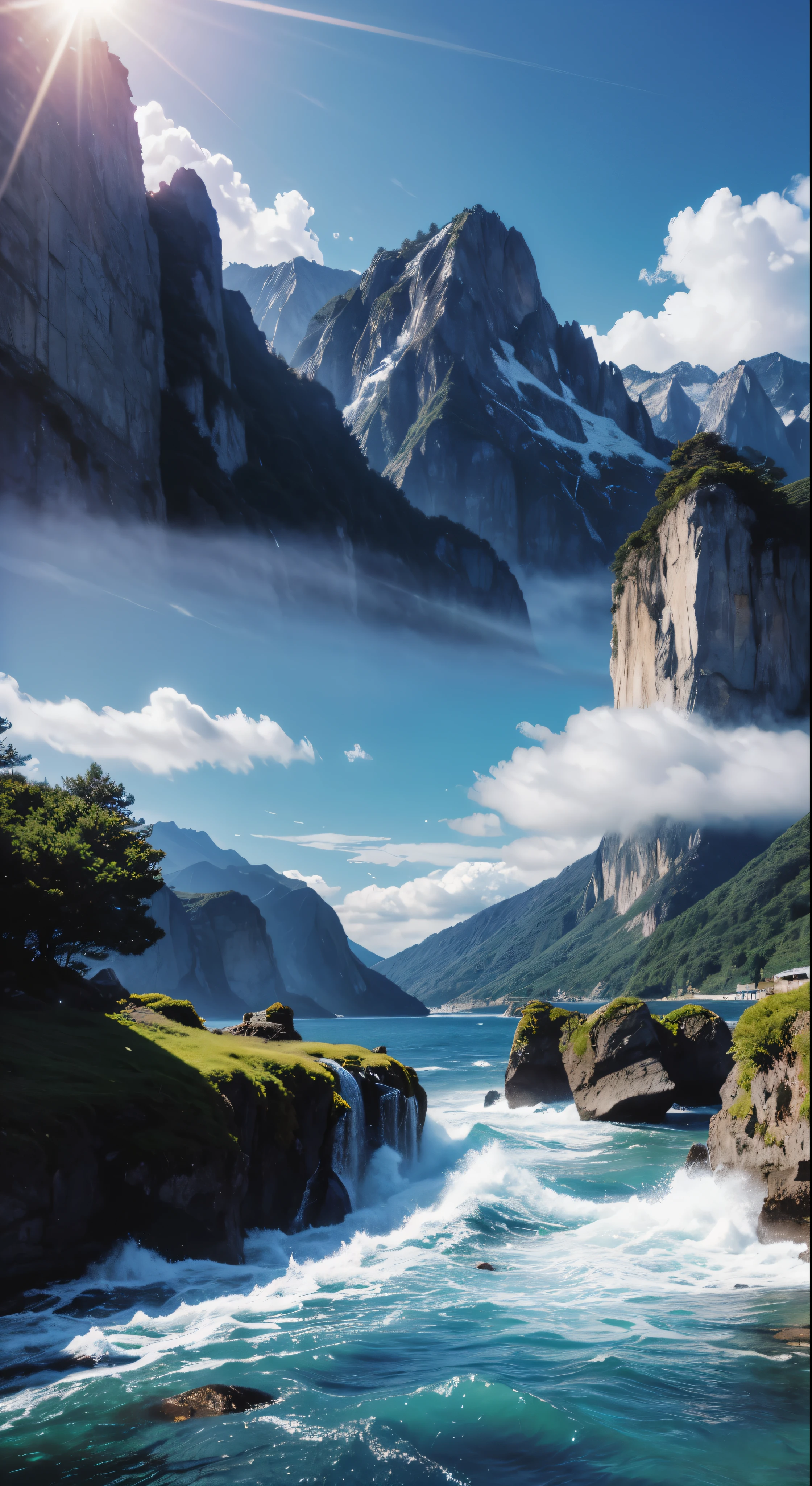 (Magical pretty sky blue stream overlay scene)、(zero)、(cloud)、Soft lighting、Clean background、美しいzeroの風景、masterpiece、high quality、Beautiful graphics、High detail、artstation、Sharp Focus、Inspirational 8k wallpapers、Contrast of sea and mountains。Spectacular and mysterious
