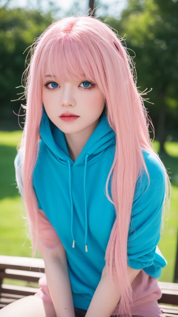 ((Highest quality, Best image quality, Ultra-high resolution)), (Photorealistic), (Realistic), (Ultra-high resolution), Tabletop, Highest quality, Raw photo, Beautiful and fair、Glowing Skin,  nice, bright, Refreshing and gentle look, (pink hair:1.4)), long hair, blue eyes, sitting on a bench, sheer hoody, Perfect beautiful face、bust C cup, Beautiful shiny bangs, A very beautiful 25 year old woman, eyeliner, Very perfect eyes