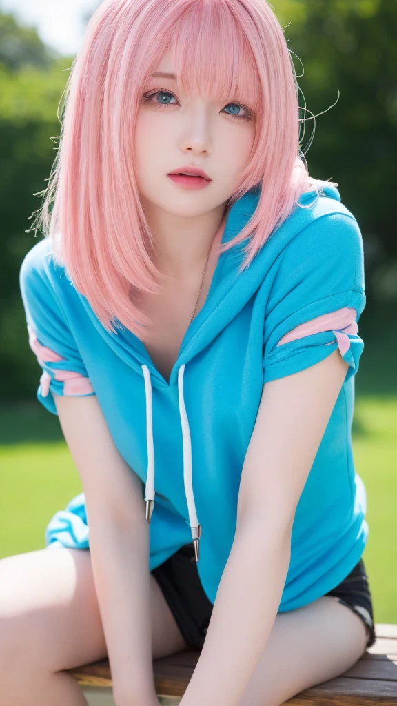 ((Highest quality, Best image quality, Ultra-high resolution)), (Photorealistic), (Realistic), (Ultra-high resolution), Tabletop, Highest quality, Raw photo, Beautiful and fair、Glowing Skin, nice, bright, Refreshing and gentle look, (pink hair:1.4)), long hair, blue eyes, sitting on a bench, sheer hoody, Perfect beautiful face、bust C cup, Beautiful shiny bangs, A very beautiful 25 year old woman, eyeliner, Very perfect eyes