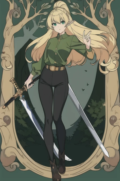 anime picture, perfect body, full body, forest background, Mythical elf female blonde (gold color) wearing green shirts and black leggings, holding a sword
